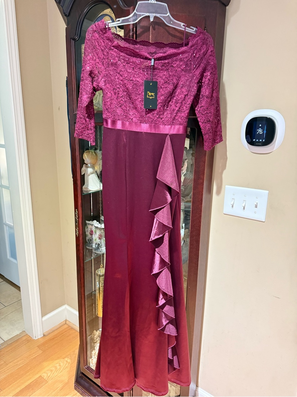 MISSMAY Women's Maroon Floral Lace Sequins Ruffle Evening Maxi Dress S ( 4-6) - Picture 5 of 14